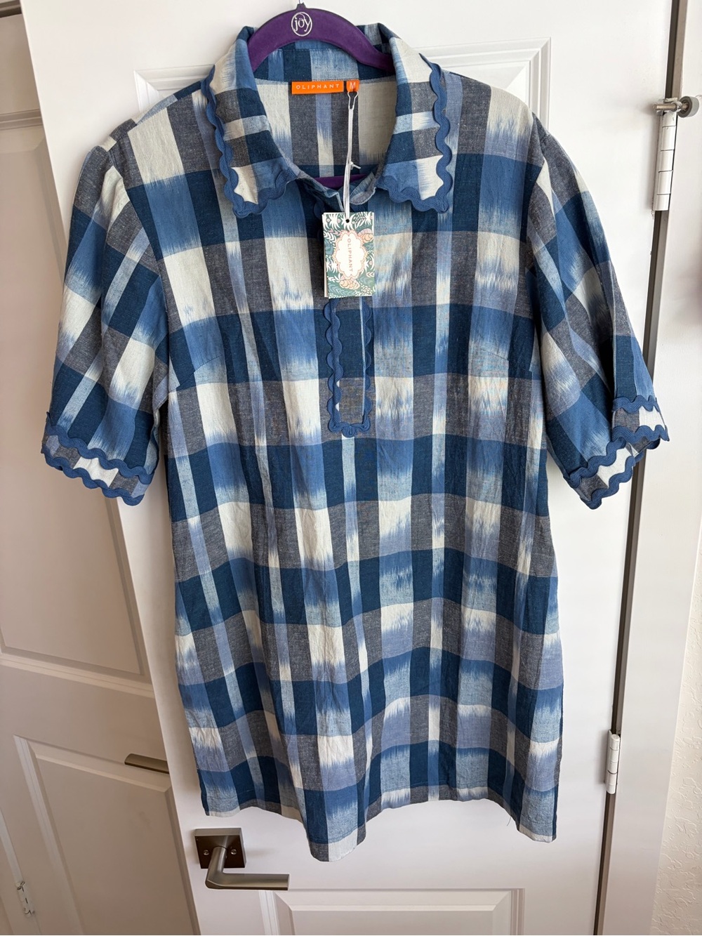 NWT: Oliphant Blue and White Plaid Ruffle-Trim Shirt Dress